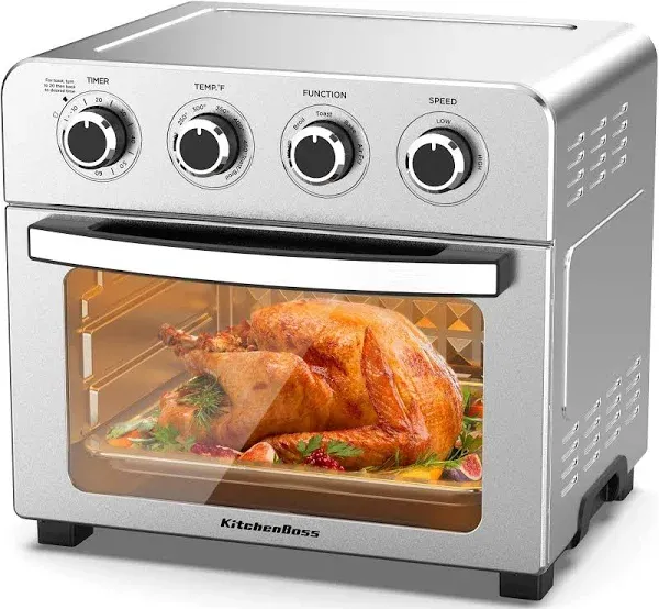 KitchenBoss Air Fryer Toaster Oven: 24.3QT/23L Airfryer with Warm, Broil, Toast, Bake, Air Fry 5-in-1 Functions, Knob Control 1700W Toaster Oven Countertop with 4 Accessories, Stainless Steel