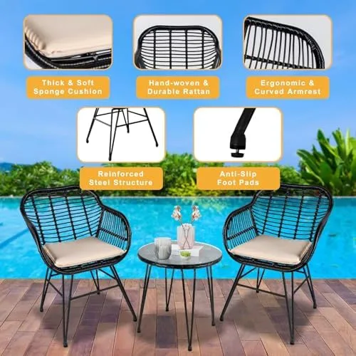 Tappio 3 Piece Outdoor Wicker Furniture Patio Bistro Set, PE Rattan Patio Chairs Set W/TABLE & Cushions, Modern Outdoor Patio Furniture for Porch