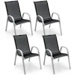 4PCS Patio Stacking Dining Chairs w/ Curved Armrests & Breathable Seat Fabric Brown