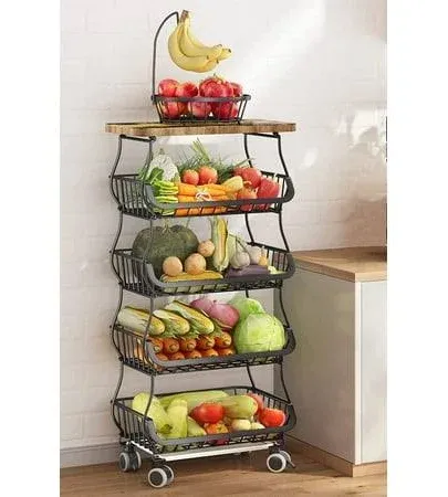 Fruit Basket Kitchen Pantry Organizers and Storage - Wooden Top Table, Stackable