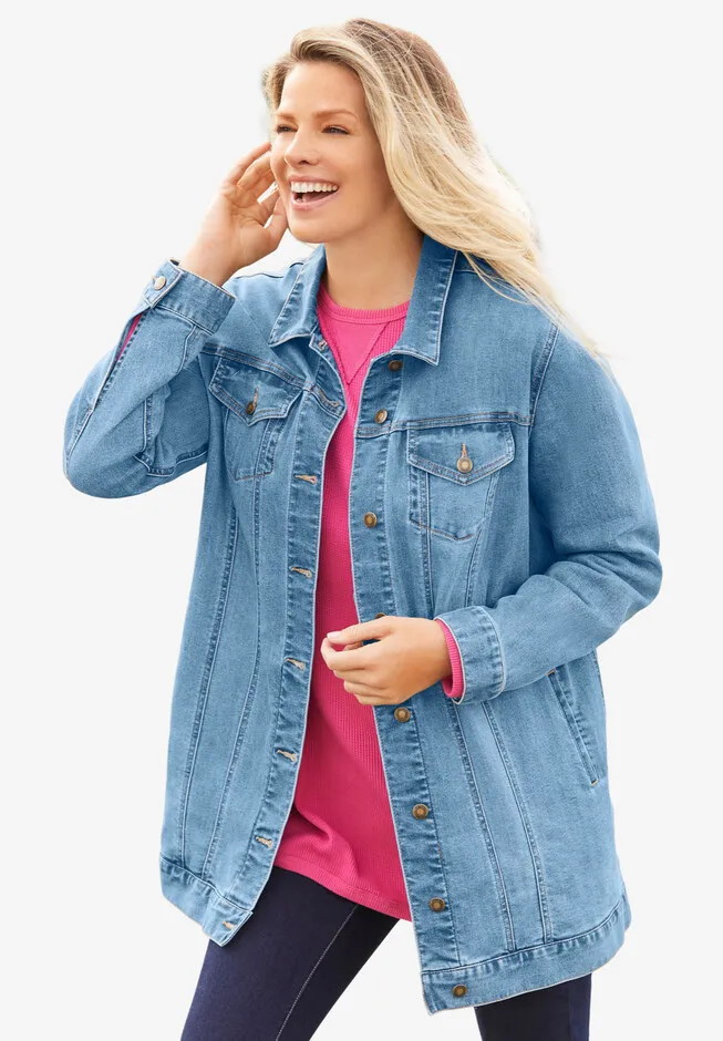 Plus Size Women's Long Stretch Denim Jacket by Woman Within in Midnight Sanded ...