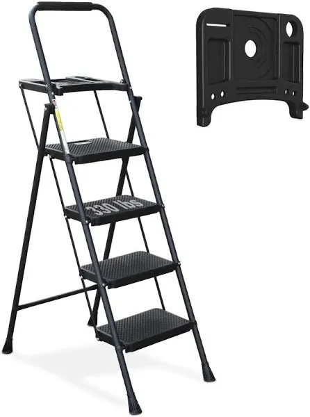 4 Step Ladder, Hbtower Folding Step Stool with Tool Platform, Wide Anti-Slip Ped