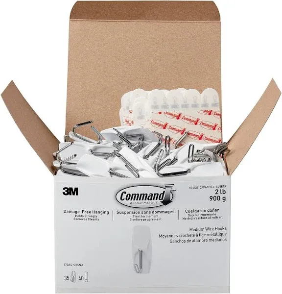 Command - General Purpose Hooks, Metal, White, 2 lb Cap, 35 Hooks and 40 Strips/Pack