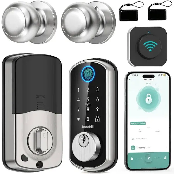 ✅Hornbill Smart WiFi Front Door Lock Fingerprint Deadbolt w/ Handle Alexa Silver