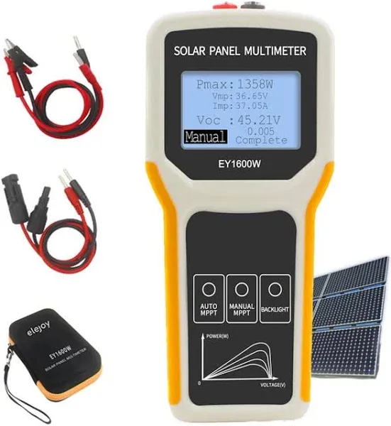 EY1600W Solar Panel Tester, Solar DC/AC Power Meter, Photovoltaic Panel Multimeter, Open Circuit Voltage Auto & Manual MPPT, Max. Power Point Power/Voltage/Current, Backlit LCD Display