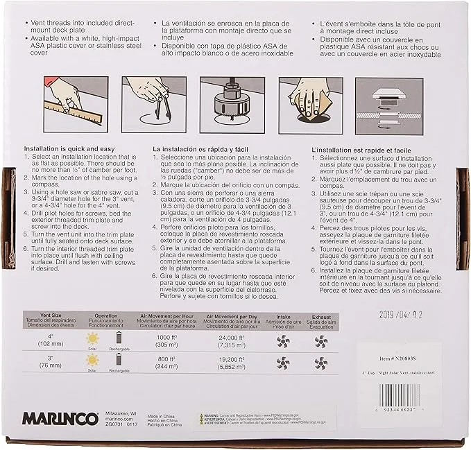 Marinco N20803S 3" Day/Night Solar Vent, Stainless Steel