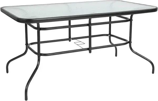 Flash Furniture Tory 31.5" x 55" Rectangular Tempered Glass Metal Table with Umbrella Hole, Silver