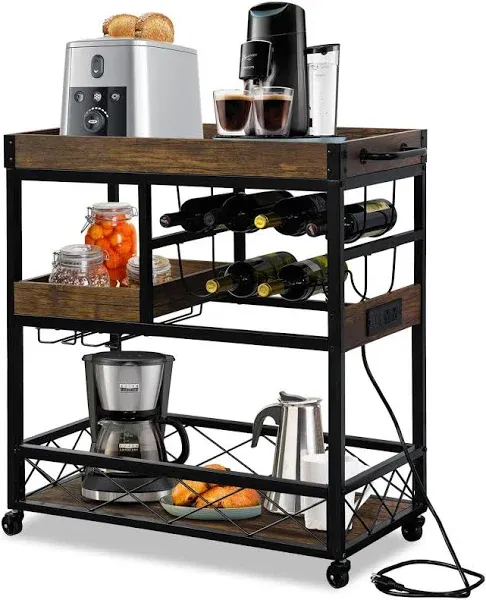 Bar Cart with Power Outlet, Industrial Kitchen Serving Bar Cart with Outlets