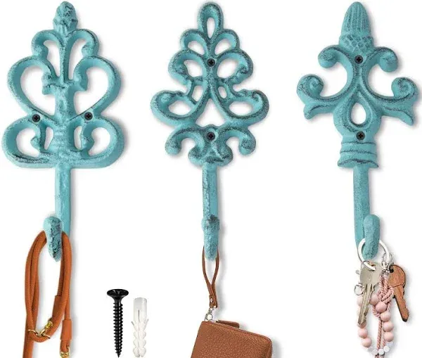 Shabby Chic Decorative Wall Hooks - Set of 3 - Cast Iron French Country Wall Decor - Farmhouse Hangers for Coats, Purses and More - Blue