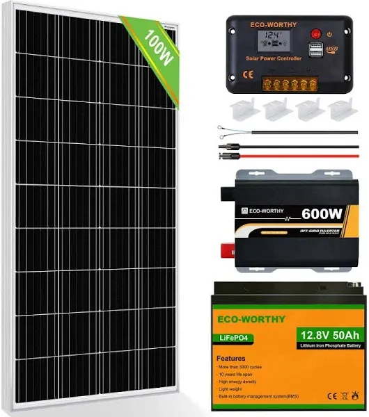 100W 12V Complete Off Grid Solar Panel Kit with Inverter + Lithium | ECO-WORTHY