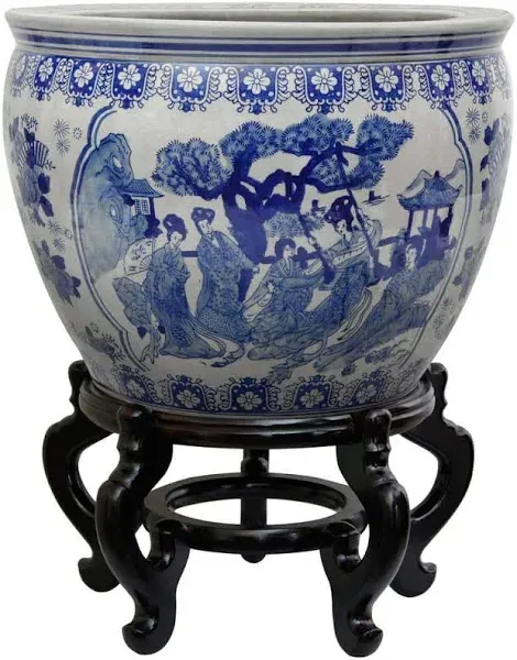 Oriental Furniture 12" Ladies Blue & White Porcelain Fishbowl