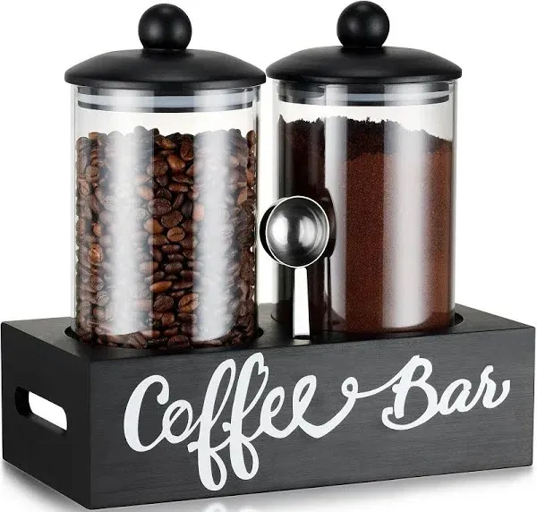 Yangbaga Glass Sugar Coffee Canister for Ground Coffee,2×55OZ Coffee Containers with Handle Shelf Coffee Bar Station Accessories Organizer Decor,Food Storage Jars with Iron Coffee Scoop for Kitchen