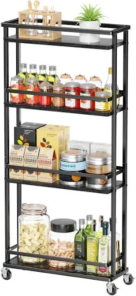 Giwil Slim Storage Cart 4 Tier Narrow Kitchen Rolling Cart on Wheels for Small Space, Mobile Spice Rack Seasoning Organizer Utility Serving Cart for Kitchen Bathroom Laundry, Black