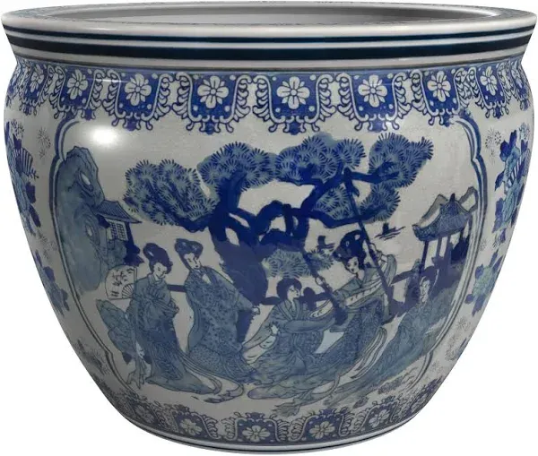 Oriental Furniture 12" Ladies Blue & White Porcelain Fishbowl