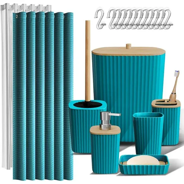 Clara Clark Bathroom Accessories Set - Teal Bathroom Set, 20PC Bathroom Accessory Set, Shower Curtain Set, Toilet Brush, Trash Can & Soap Dispenser