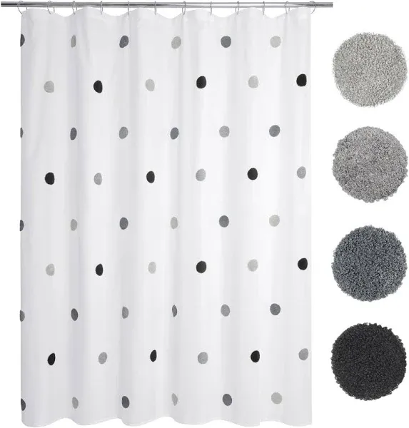 Allure Home Creation Dots Fabric Shower Curtain Pom Poms on White (Teal) 70"x72"