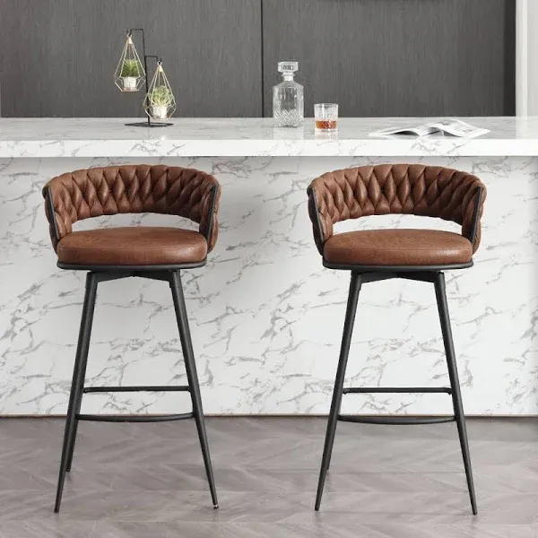 BFZ 26inch Bar Stools Set of 2, Counter Height Bar Stools, 180° Swivel Suede Fabric Stool Chairs with Woven Back and Footrest for Kitchen Island, Cafe, Pub, Bar Counter