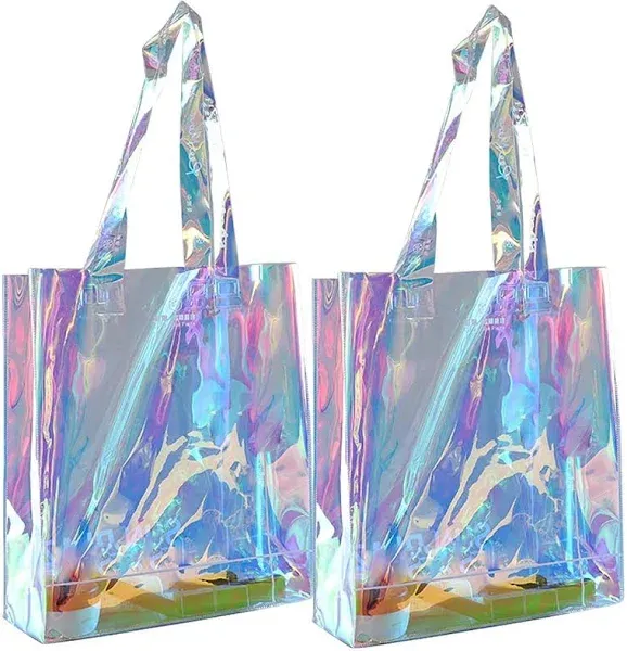 umbresen Clear Tote Bag, 2-Pack Holographic Rainbow Iridescent Handbag for Sports Fan Games, Work, Security Travel, Stadium Venues or Concert