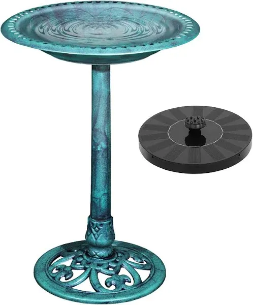 VECELO 28" Pedestal Outdoor Bird Bath with Solar Powered Fountain for Outside, Vintage Bronze Polyresin Lightweight, Antique, Yard/Garden Decoration