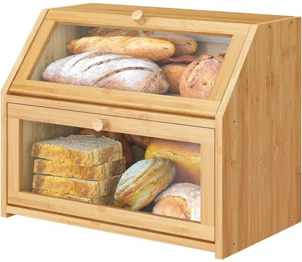 Vriccc Large Bread Box for Kitchen Counter,Bamboo Wood Double Layer Bread Box for Kitchen Counter, Wooden Capacity Bread Storage Bin