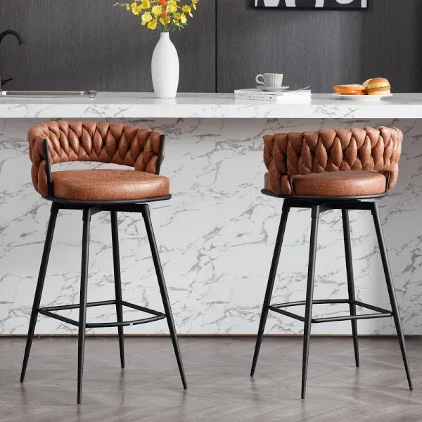 Barstools Bar Height Set of 2, 360°Swivel Bar Stools 30" Stool Chair Suede Fabric Modern Woven Design Bar Chairs with Back and Footrest for Kithcen Cafe Pub, Brown