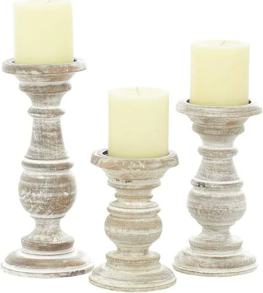 Decmode Traditional Mango Wood Pillar Candle Holder Set of 3