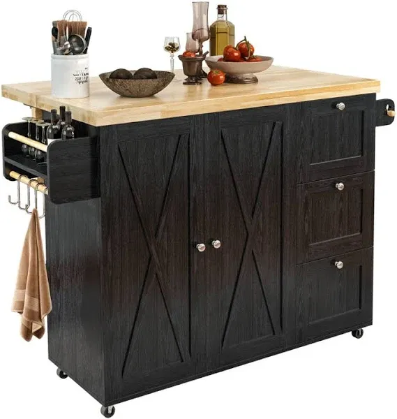 Nacimo Rolling Kitchen Island Cart With Rubberwood Drop-Leaf Countertop Gracie Oaks Base Finish