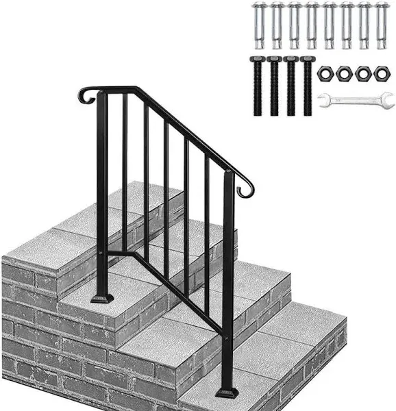 ANTSKU 2 Step Handrails for Outdoor Steps, Wrought Iron Stair Railing Fits 1 or 2 Steps, Metal Hand Rail with Installation Kit, Staircase Handrails for