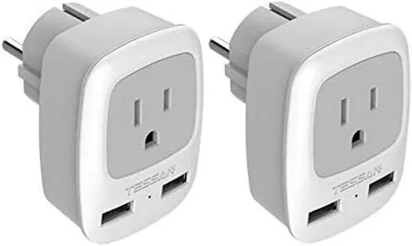 European Travel Plug Adapter 2-Pack with USB Charger - Compact Design