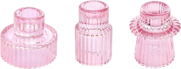 Pink Candlestick Holders Set of 3 Glass Candle Holders for Taper Candles,Pillar 