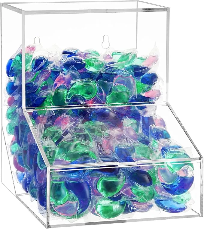 Laundry Pods Container, Acrylic Laundry Pods Holder with 2 Lid, Adhesive Dishwasher Pods Dispenser, Clear Laundry Room Organization Storage for Clothes Pins, Dryer Balls, Snack, Candy