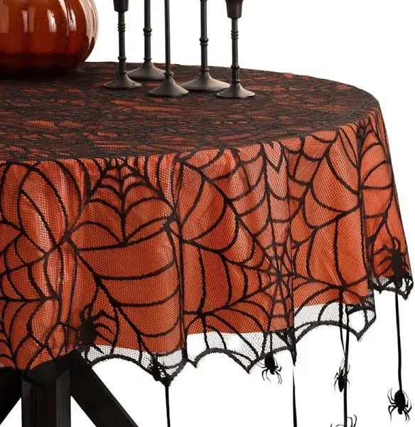 Elrene Home Fashions Crawling Spider Halloween Tablecloth Lace Lined with Removable Orange Plastic Liner, 60" x 84" Rectangle, Orange & Black