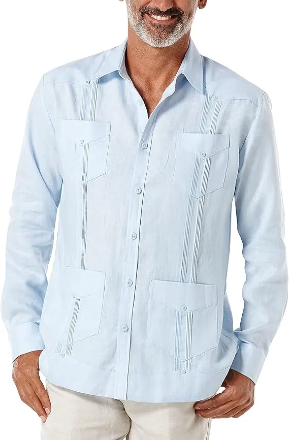 Cubavera Men's 100% Linen Long Sleeve Guayabera Shirt with Four Pockets, Camp Collar, Pintuck Detail, Lightweight Relaxed Fit