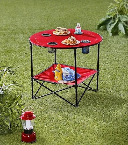 Portable Folding Picnic Table with Bench Storage for Tailgating - Red