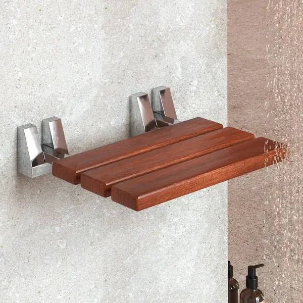 Folding Shower Seat - Teak Shower Seat Wall Mounted - 16 Inch Floating Fold Down in Shower Bench - Fold Up Bathroom Stool - Foldable Teak Wood Chair with Stainless Steel Wall Mount - 330lb Capacity