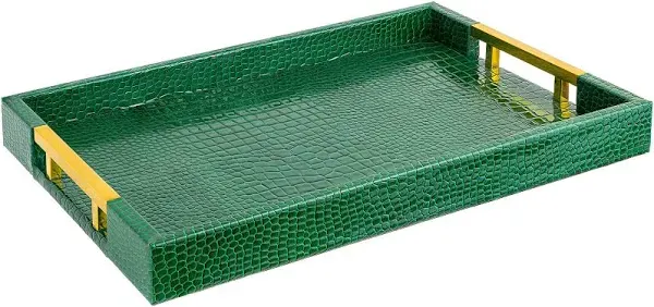 Luxury Modern Elegant 18"x12" Rectangle Crocodile Green Decorative Ottoman Coffee Table Living Room Decor Kitchen Serving Tray with Gold Polished Metal Handles by Home Redefined for All Occasion's