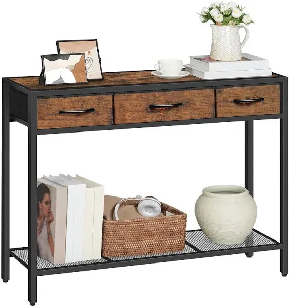 Console Table with Drawer, Industrial Entryway Table with Storage, Narrow Sofa Foyer Table for Living Room, Entrance, Hallway, Couch, Corridor, Rustic Brown and Black CTHR23301