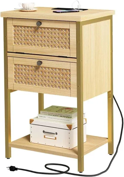 Modern Rattan End Table with Power Outlet and USB Ports, 15.75 inch Nightstand with Drawer and Solid Wood Legs - Black