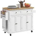 Homcom Kitchen Island On Wheels, Rolling Cart with Rubber Wood Top, Spice Rack, Towel Rack & Drawers for Dining Room, Distressed White