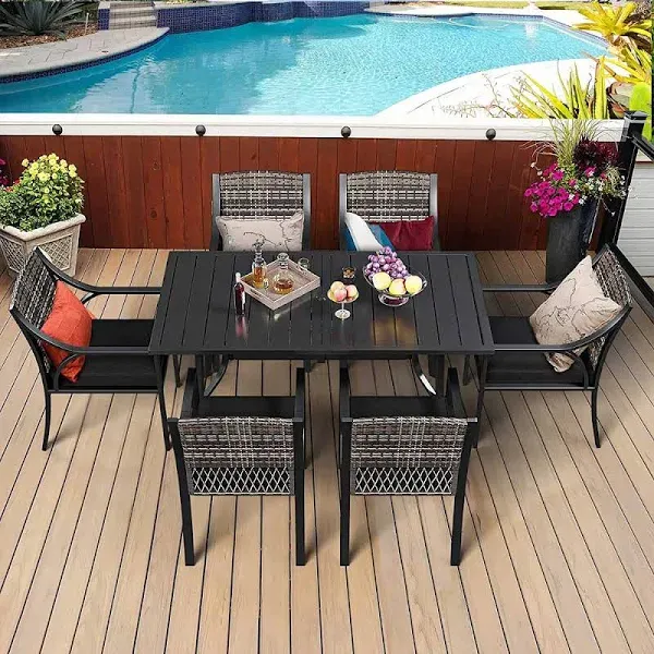 7PCS Patio Dining Set, Iron Backyard Deck Outdoor Patio Wicker Dining Table Set