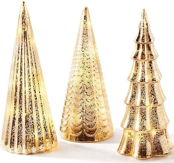 LampLust Table Top Christmas Tree Decorations with Fairy Lights, Set of 3 Assorted Trees, 10 Inch Tall, Gold Mercury Glass Finish, Batteries Included, Holiday Table Centerpiece and Mantle Decor