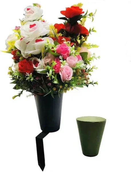 New Cemetery Vase with a Stake, Cemetery Flower Vase with Floral Foam, Black(Flo