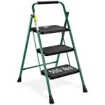 Sturdy Steel 3 Step Ladder - Folding Step Stool - Wide Anti-Slip Pedal - Green