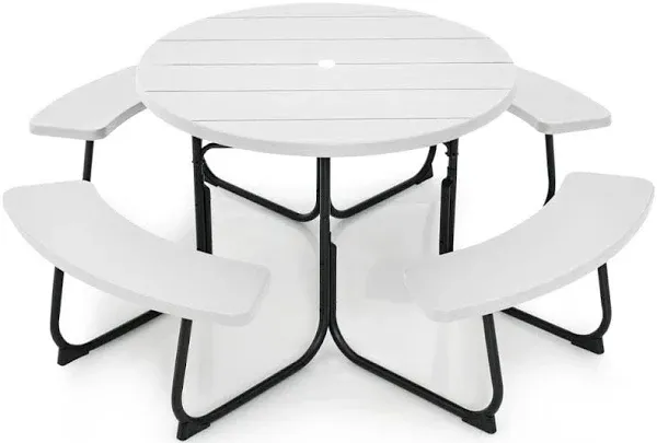 8-Person Outdoor Picnic Table and Bench Set with Umbrella Hole-White | Costway