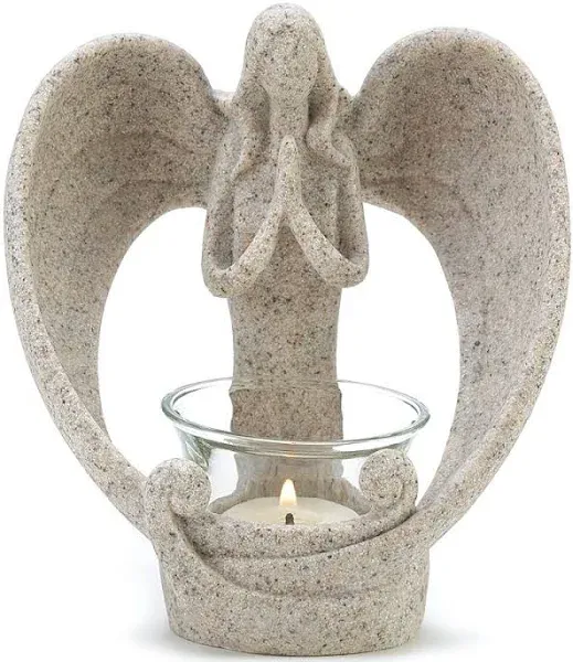 Wings of Devotion Desert Angel Candleholder Sandstone Look 6&#034; Tall X 5&#034; Long 