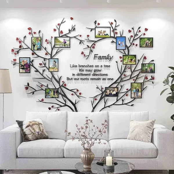 DecorSmart Love Family Tree Wall Decor Picture Frame Collage Removable 3D DIY Acrylic Wall Stickers for Living Room with Red Heart and Quote Family