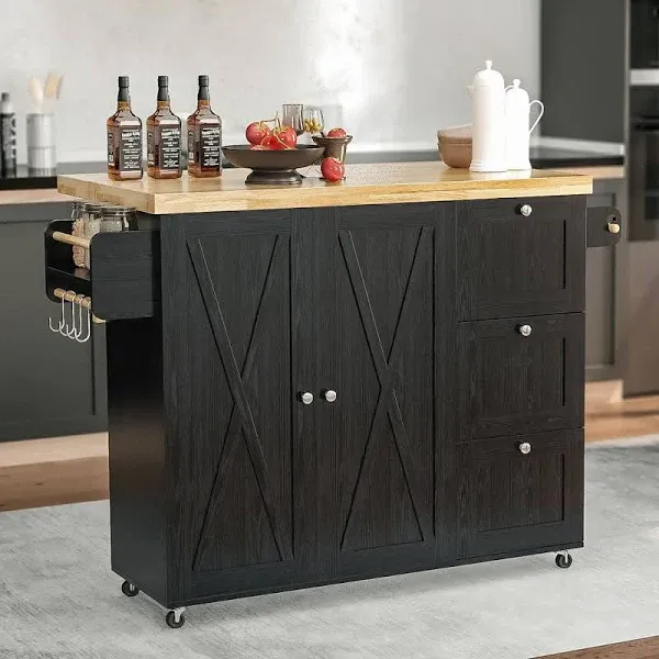 Nacimo Rolling Kitchen Island Cart With Rubberwood Drop-Leaf Countertop Gracie Oaks Base Finish