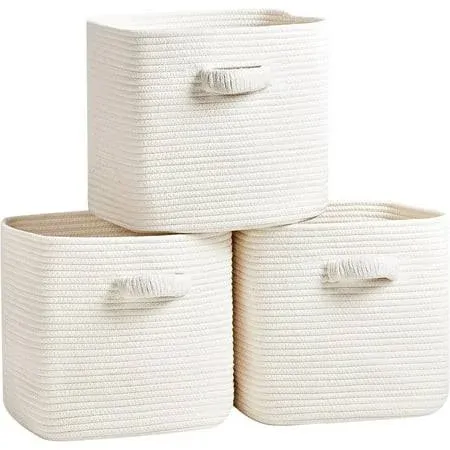 OIAHOMY Cube Storage Basket 3-Pack Woven Cotton Rope Baskets for Storage