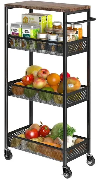 XYZLVSI Slim Storage Cart 4 Tier Narrow Kitchen Rolling Cart On Wheels for Small Space, Mobile Utility Cart Shelving Unit with Wooden Top and Metal