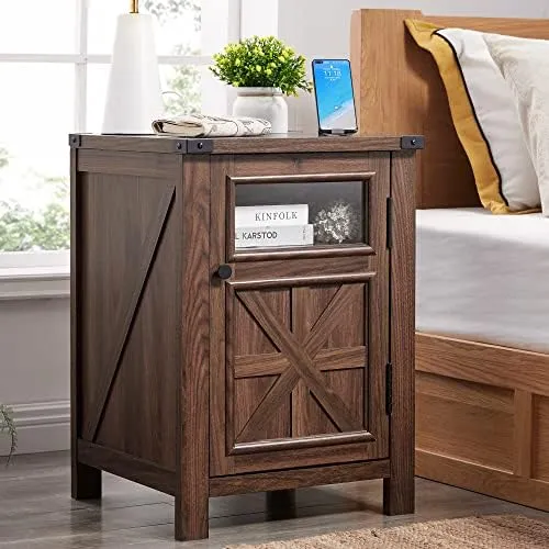 End Table with Charging Station Farmhouse 18&#039;&#039; Rustic Nightstand with Barn Door